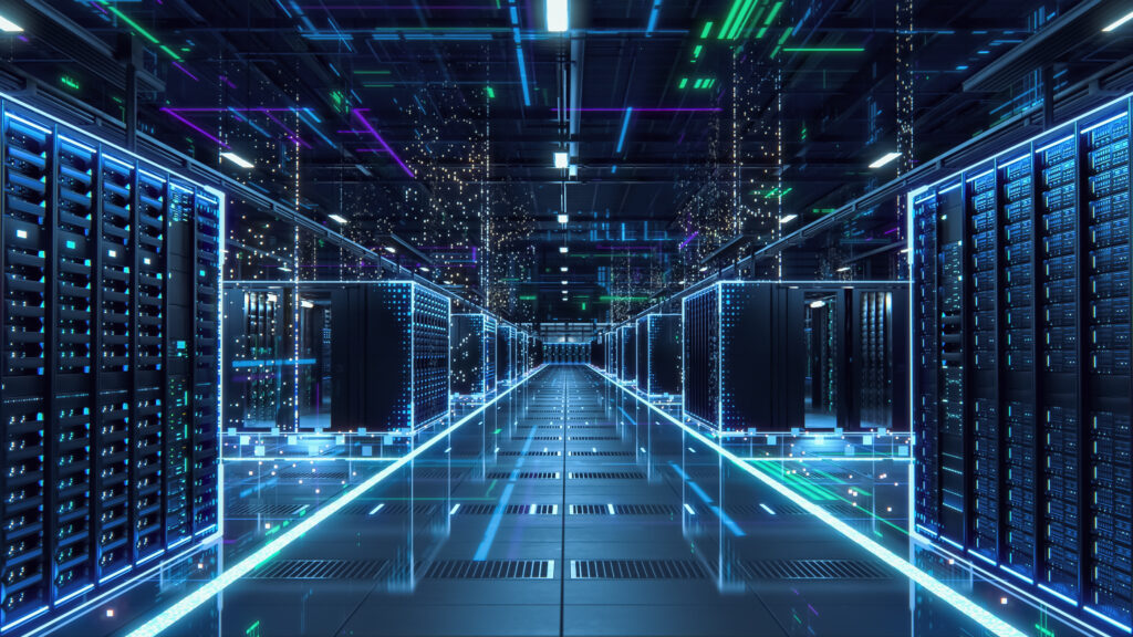 modern data technology center server racks in dark room with vfx. visualization concept of internet of things, data flow, digitalization of internet traffic. electric equipment warehouse.